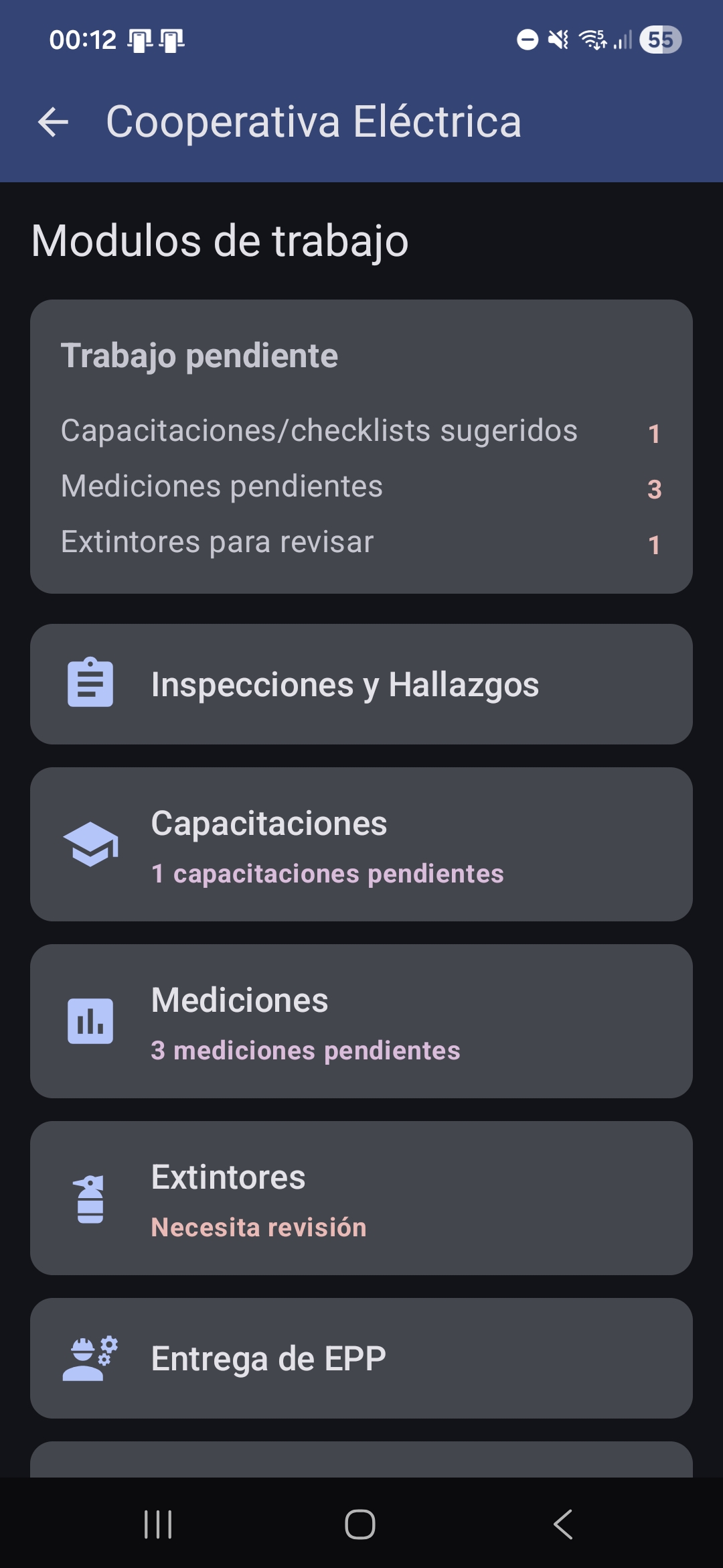 Modulos de trabajo de la app Android AtentoSST